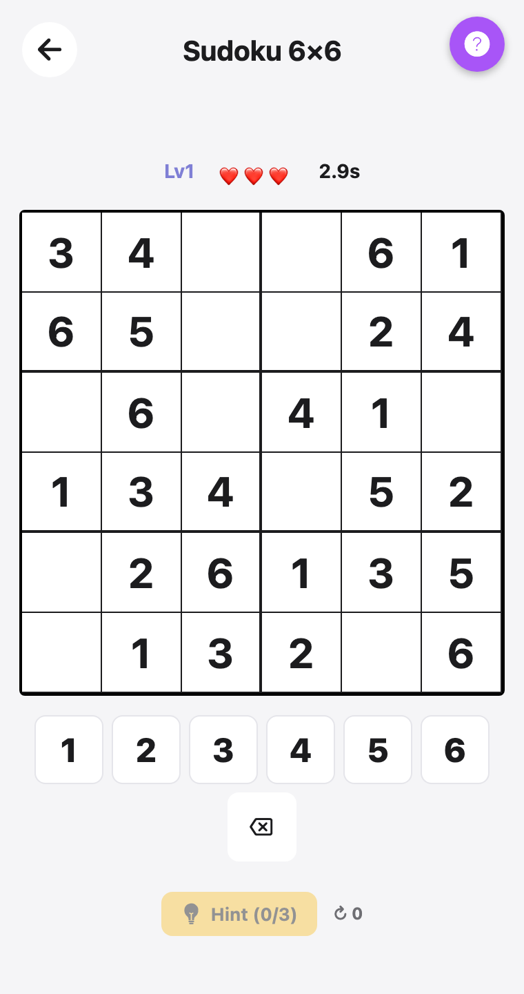 Sudoku 6×6 — screenshot